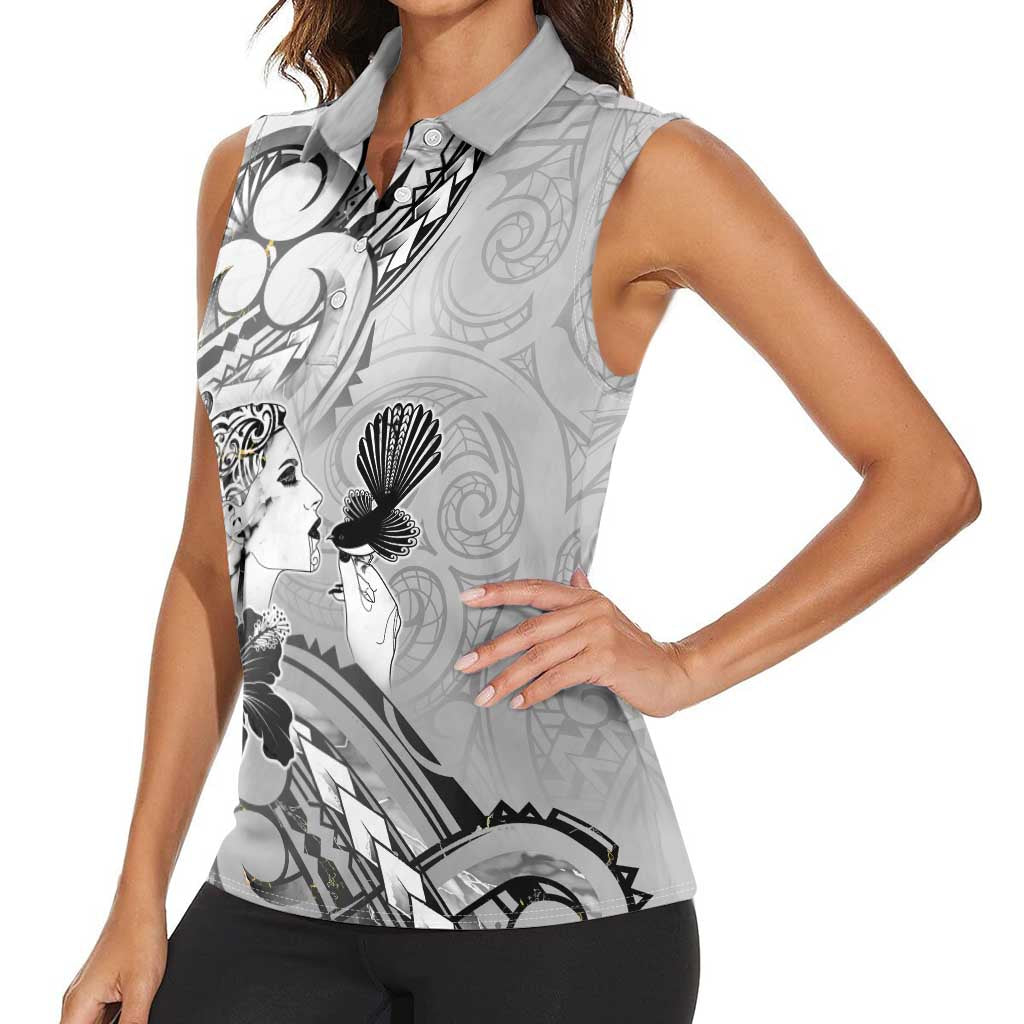 Aotearoa Maori Wahine Women Sleeveless Polo Shirt Fantail Bird Black Gold Marble LT05 - Polynesian Pride