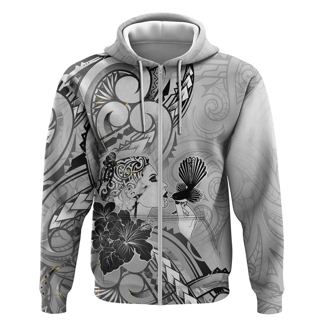 Aotearoa Maori Wahine Zip Hoodie Fantail Bird Black Gold Marble LT05 Zip Hoodie Black - Polynesian Pride