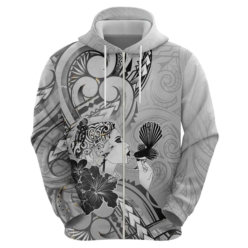 Aotearoa Maori Wahine Zip Hoodie Fantail Bird Black Gold Marble LT05 - Polynesian Pride