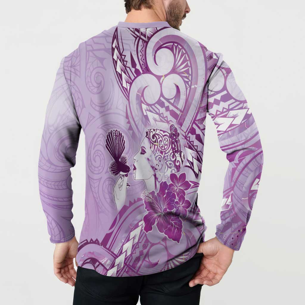 Aotearoa Maori Wahine Button Sweatshirt Fantail Bird Purple Gold Marble