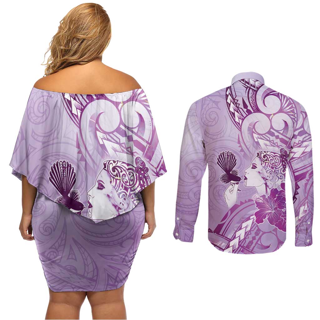 Aotearoa Maori Wahine Couples Matching Off Shoulder Short Dress and Long Sleeve Button Shirt Fantail Bird Purple Gold Marble LT05 - Polynesian Pride