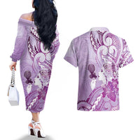 Aotearoa Maori Wahine Couples Matching Off The Shoulder Long Sleeve Dress and Hawaiian Shirt Fantail Bird Purple Gold Marble LT05 - Polynesian Pride