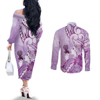 Aotearoa Maori Wahine Couples Matching Off The Shoulder Long Sleeve Dress and Long Sleeve Button Shirt Fantail Bird Purple Gold Marble LT05 - Polynesian Pride
