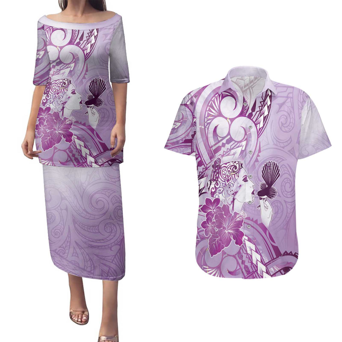 Aotearoa Maori Wahine Couples Matching Puletasi and Hawaiian Shirt Fantail Bird Purple Gold Marble LT05 Purple - Polynesian Pride