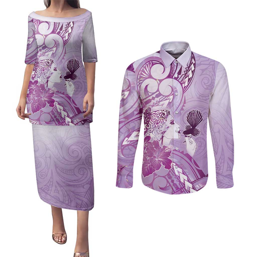 Aotearoa Maori Wahine Couples Matching Puletasi and Long Sleeve Button Shirt Fantail Bird Purple Gold Marble