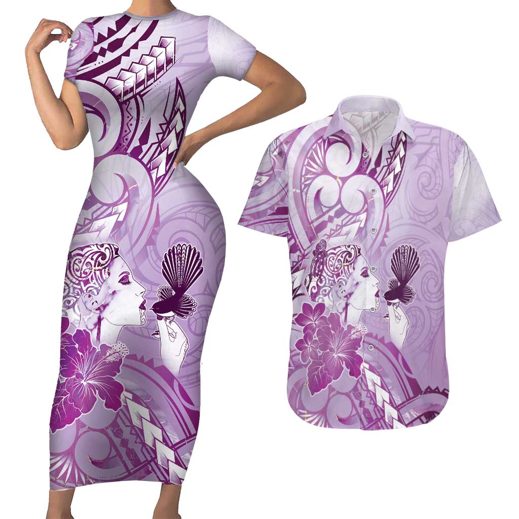 Aotearoa Maori Wahine Couples Matching Short Sleeve Bodycon Dress and Hawaiian Shirt Fantail Bird Purple Gold Marble LT05 Purple - Polynesian Pride