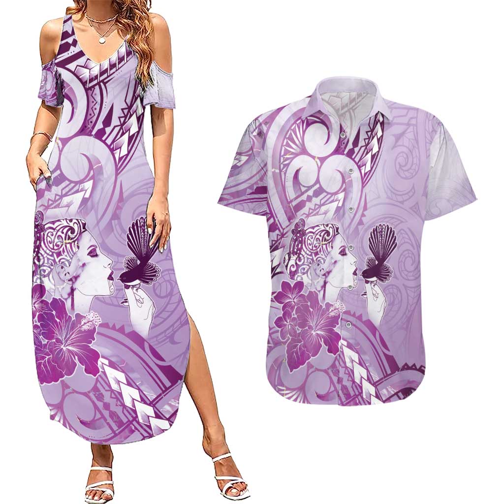 Aotearoa Maori Wahine Couples Matching Summer Maxi Dress and Hawaiian Shirt Fantail Bird Purple Gold Marble LT05 Purple - Polynesian Pride