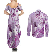 Aotearoa Maori Wahine Couples Matching Summer Maxi Dress and Long Sleeve Button Shirt Fantail Bird Purple Gold Marble LT05 - Polynesian Pride
