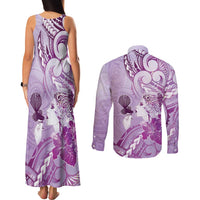 Aotearoa Maori Wahine Couples Matching Tank Maxi Dress and Long Sleeve Button Shirt Fantail Bird Purple Gold Marble LT05 - Polynesian Pride