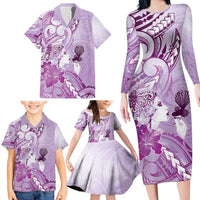 Aotearoa Maori Wahine Family Matching Long Sleeve Bodycon Dress and Hawaiian Shirt Fantail Bird Purple Gold Marble LT05 - Polynesian Pride