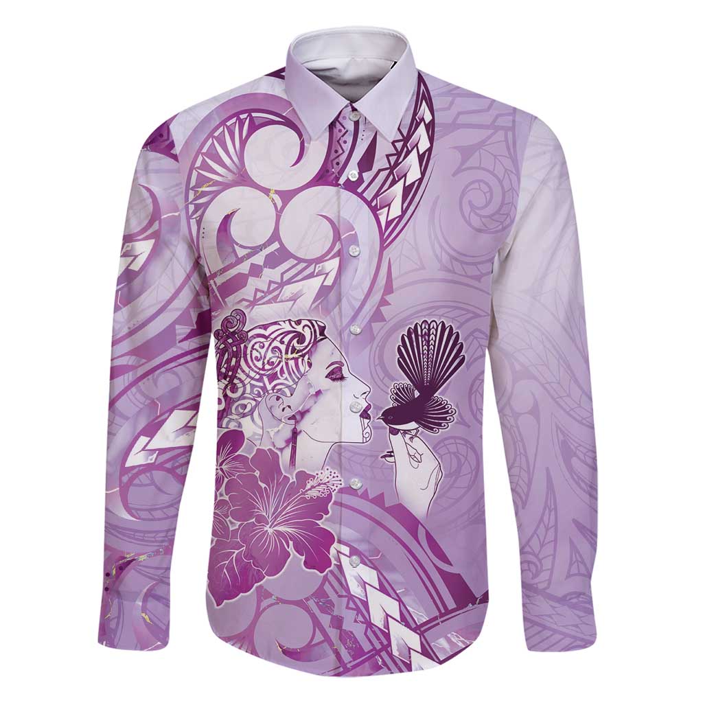 Aotearoa Maori Wahine Family Matching Long Sleeve Bodycon Dress and Hawaiian Shirt Fantail Bird Purple Gold Marble LT05 Dad's Shirt - Long Sleeve Purple - Polynesian Pride
