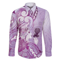Aotearoa Maori Wahine Family Matching Mermaid Dress and Hawaiian Shirt Fantail Bird Purple Gold Marble LT05 Dad's Shirt - Long Sleeve Purple - Polynesian Pride