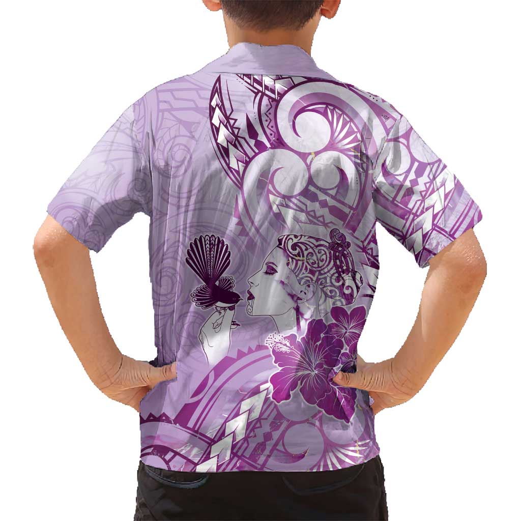 Aotearoa Maori Wahine Family Matching Off Shoulder Maxi Dress and Hawaiian Shirt Fantail Bird Purple Gold Marble LT05 - Polynesian Pride