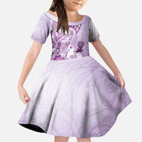 Aotearoa Maori Wahine Family Matching Off Shoulder Maxi Dress and Hawaiian Shirt Fantail Bird Purple Gold Marble LT05 Daughter's Dress Purple - Polynesian Pride
