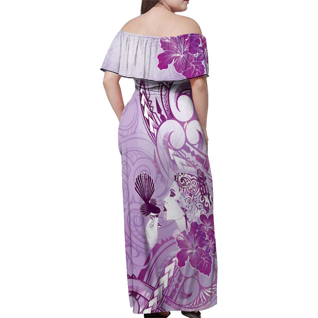 Aotearoa Maori Wahine Family Matching Off Shoulder Maxi Dress and Hawaiian Shirt Fantail Bird Purple Gold Marble LT05 - Polynesian Pride