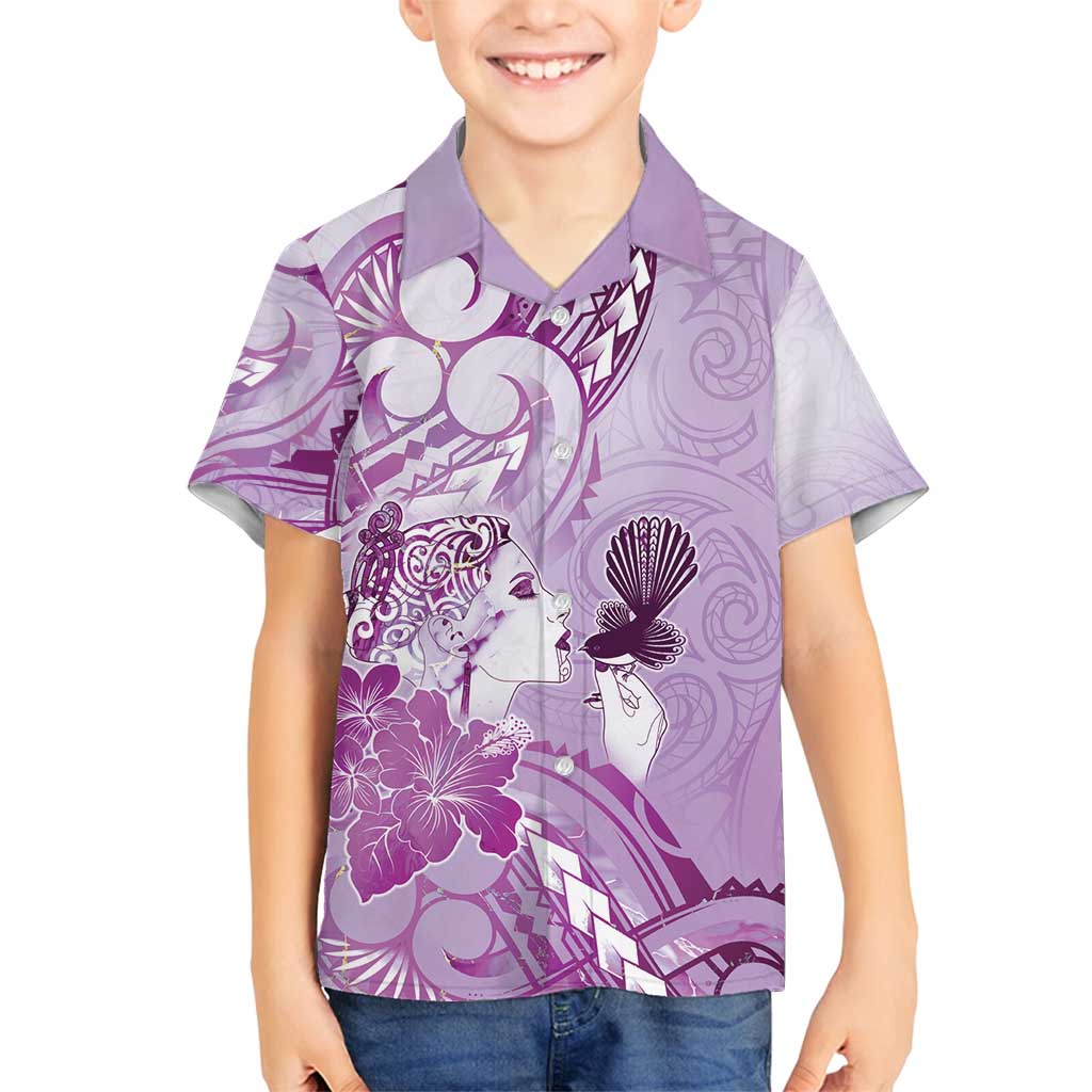 Aotearoa Maori Wahine Family Matching Off Shoulder Maxi Dress and Hawaiian Shirt Fantail Bird Purple Gold Marble LT05 Son's Shirt Purple - Polynesian Pride