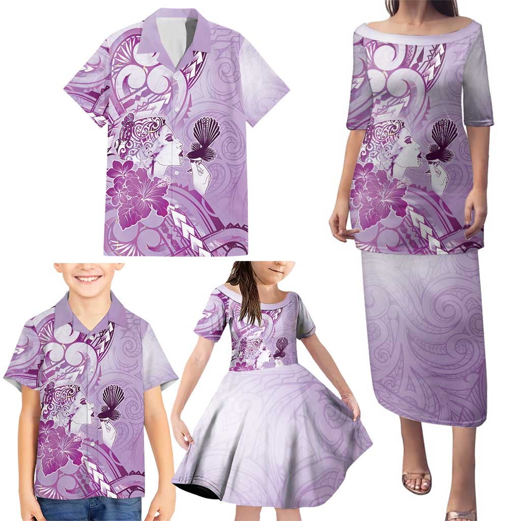 Aotearoa Maori Wahine Family Matching Puletasi and Hawaiian Shirt Fantail Bird Purple Gold Marble LT05 - Polynesian Pride