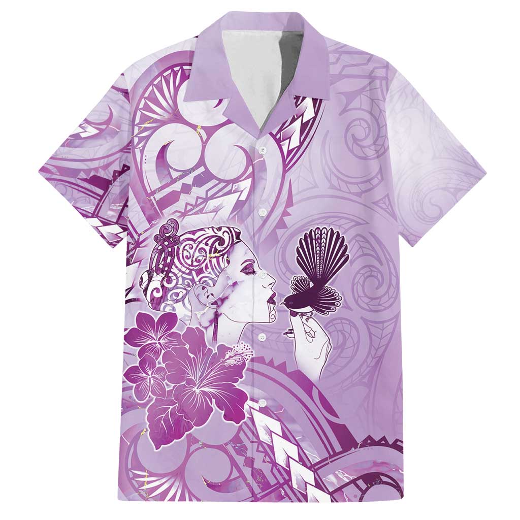 Aotearoa Maori Wahine Family Matching Puletasi and Hawaiian Shirt Fantail Bird Purple Gold Marble LT05 Dad's Shirt - Short Sleeve Purple - Polynesian Pride