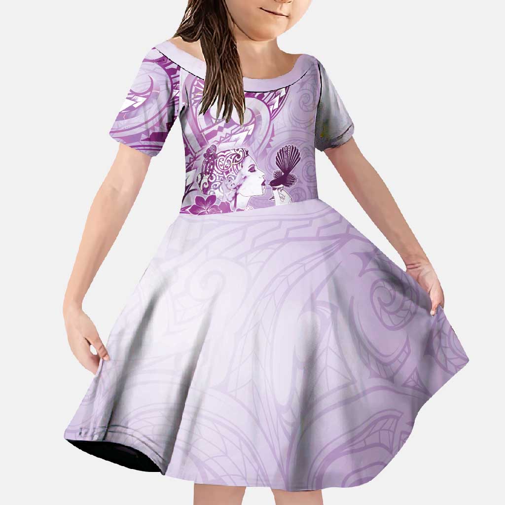 Aotearoa Maori Wahine Family Matching Summer Maxi Dress and Hawaiian Shirt Fantail Bird Purple Gold Marble LT05 Daughter's Dress Purple - Polynesian Pride