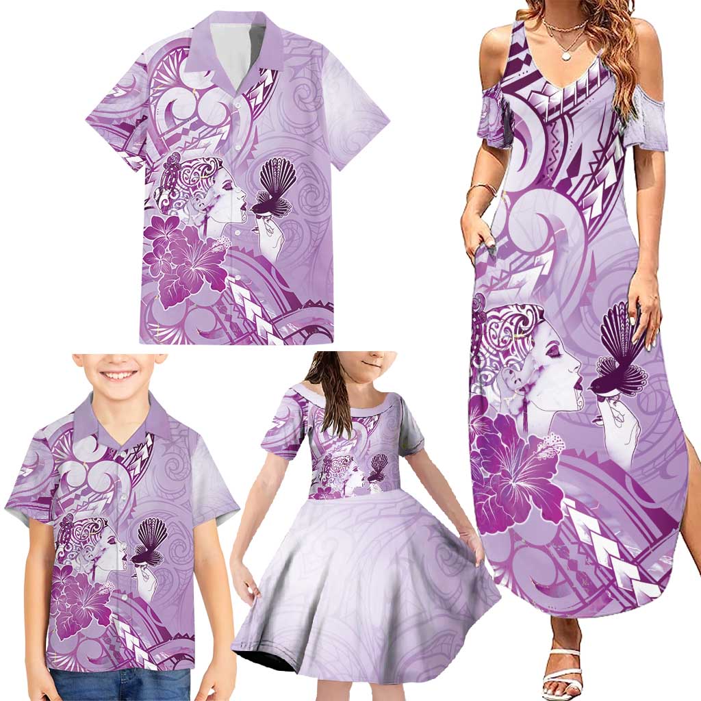 Aotearoa Maori Wahine Family Matching Summer Maxi Dress and Hawaiian Shirt Fantail Bird Purple Gold Marble LT05 - Polynesian Pride