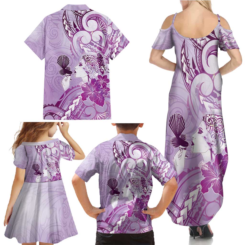 Aotearoa Maori Wahine Family Matching Summer Maxi Dress and Hawaiian Shirt Fantail Bird Purple Gold Marble LT05 - Polynesian Pride