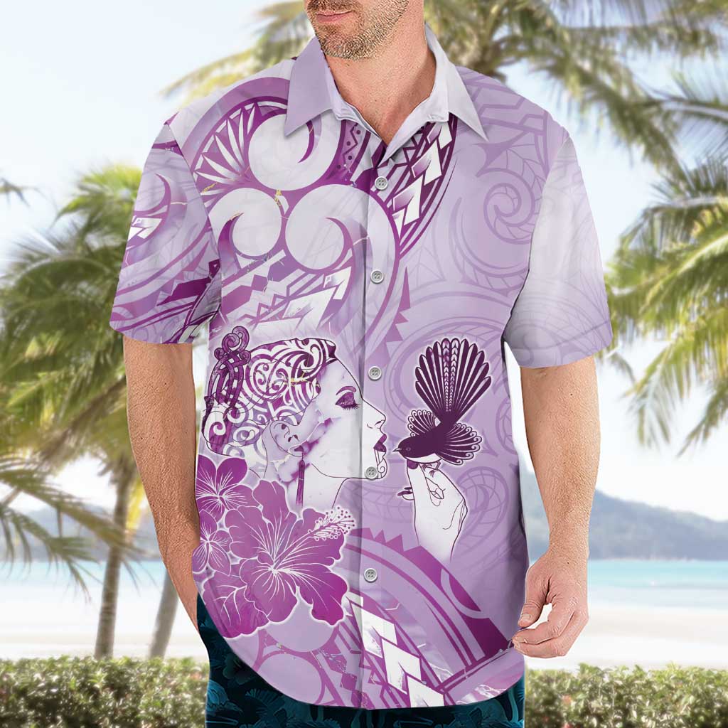 Aotearoa Maori Wahine Hawaiian Shirt Fantail Bird Purple Gold Marble LT05 - Polynesian Pride