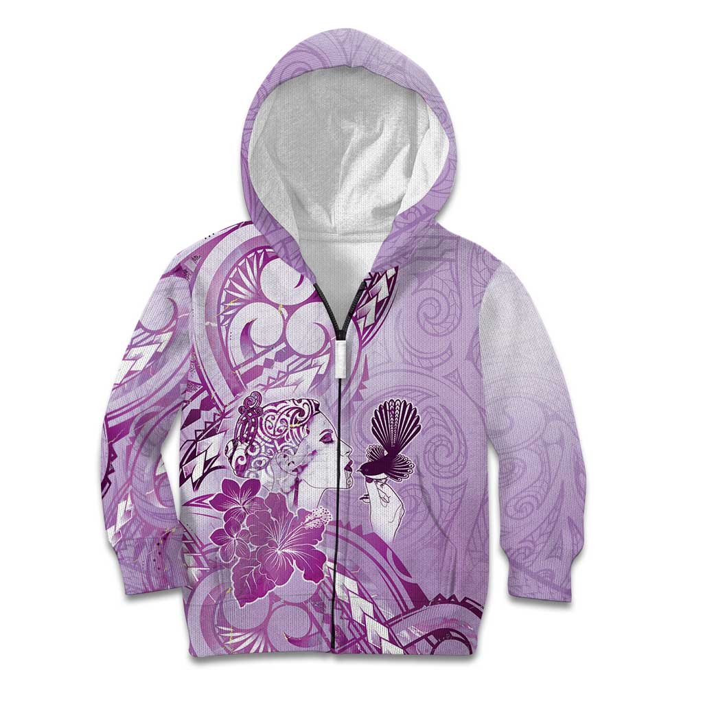 Aotearoa Maori Wahine Kid Hoodie Fantail Bird Purple Gold Marble LT05 Zip Hoodie Purple - Polynesian Pride