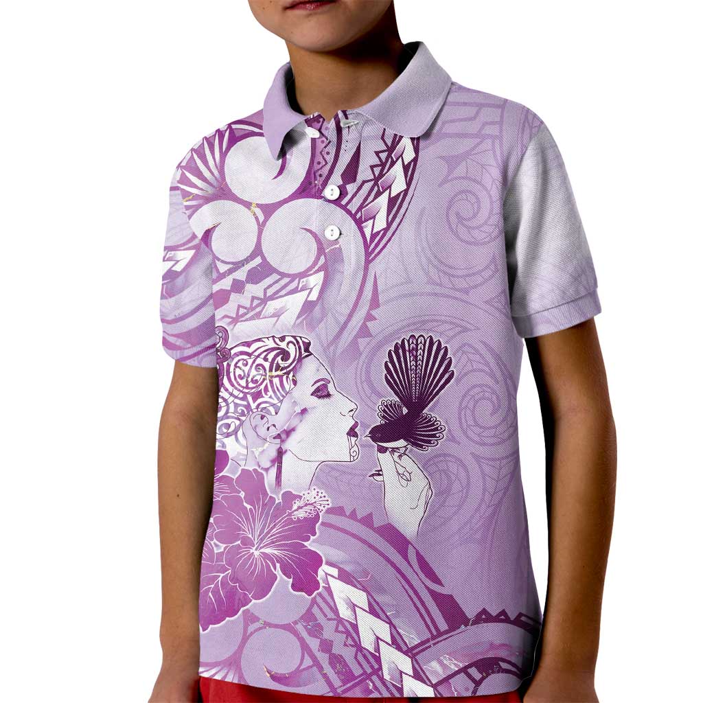 Aotearoa Maori Wahine Kid Polo Shirt Fantail Bird Purple Gold Marble LT05 Kid Purple - Polynesian Pride