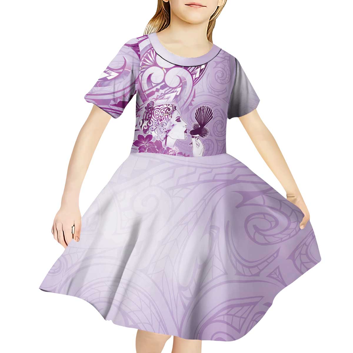 Aotearoa Maori Wahine Kid Short Sleeve Dress Fantail Bird Purple Gold Marble LT05 - Polynesian Pride