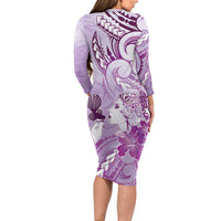 Aotearoa Maori Wahine Long Sleeve Bodycon Dress Fantail Bird Purple Gold Marble LT05 - Polynesian Pride