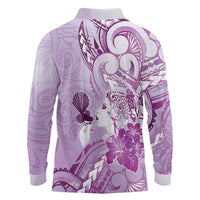 Aotearoa Maori Wahine Long Sleeve Polo Shirt Fantail Bird Purple Gold Marble LT05 - Polynesian Pride