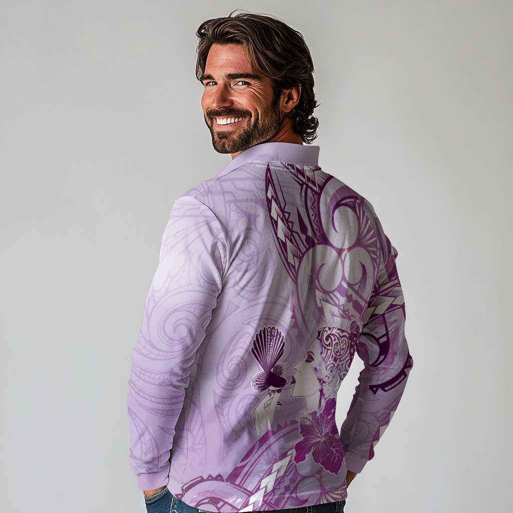 Aotearoa Maori Wahine Long Sleeve Polo Shirt Fantail Bird Purple Gold Marble LT05 - Polynesian Pride