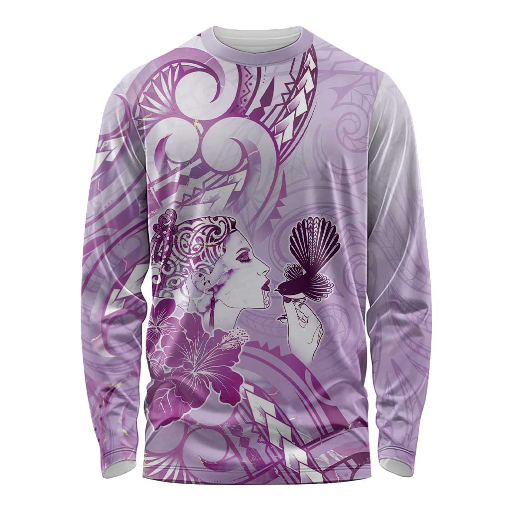 Aotearoa Maori Wahine Long Sleeve Shirt Fantail Bird Purple Gold Marble
