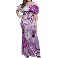 Aotearoa Maori Wahine Off Shoulder Maxi Dress Fantail Bird Purple Gold Marble LT05 Women Purple - Polynesian Pride