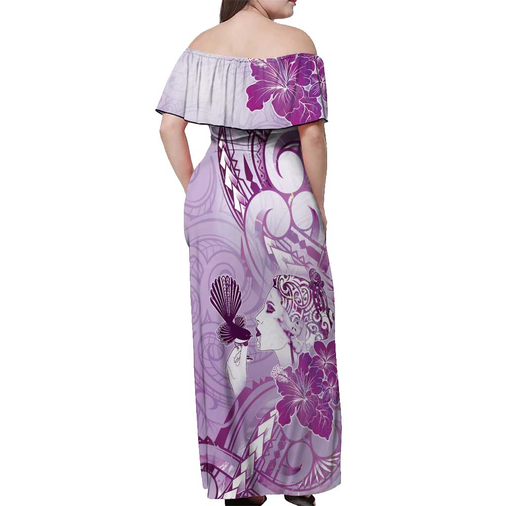 Aotearoa Maori Wahine Off Shoulder Maxi Dress Fantail Bird Purple Gold Marble LT05 - Polynesian Pride