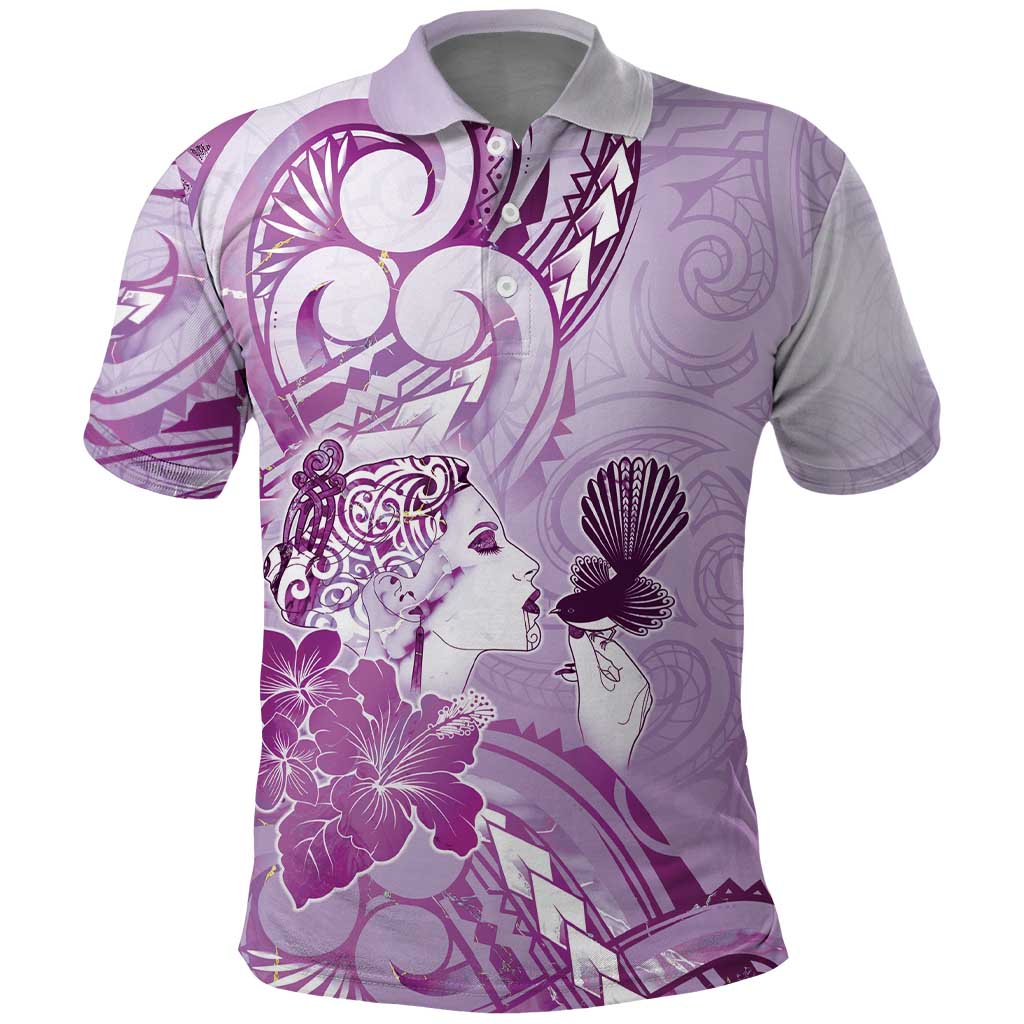 Aotearoa Maori Wahine Polo Shirt Fantail Bird Purple Gold Marble LT05 Purple - Polynesian Pride