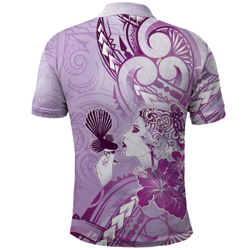 Aotearoa Maori Wahine Polo Shirt Fantail Bird Purple Gold Marble LT05 - Polynesian Pride