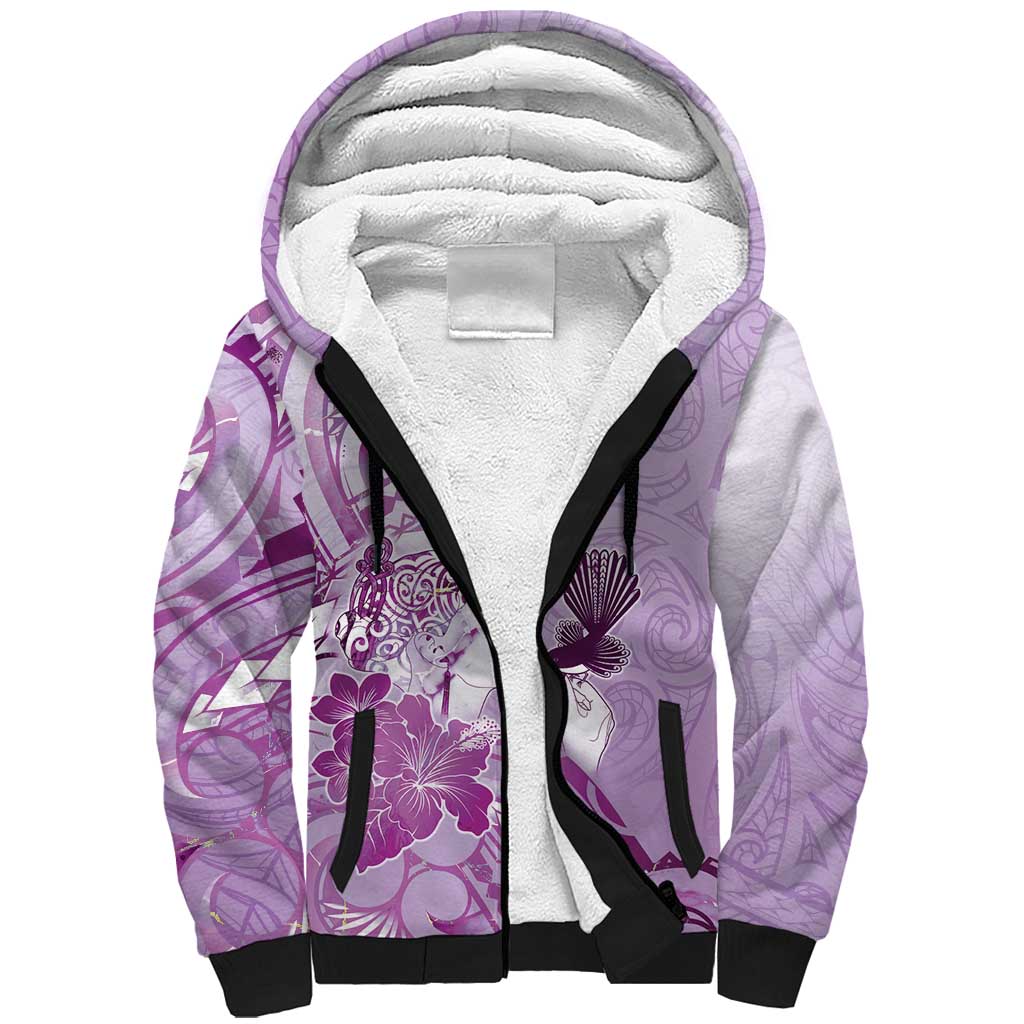 Aotearoa Maori Wahine Sherpa Hoodie Fantail Bird Purple Gold Marble LT05 Unisex Purple - Polynesian Pride