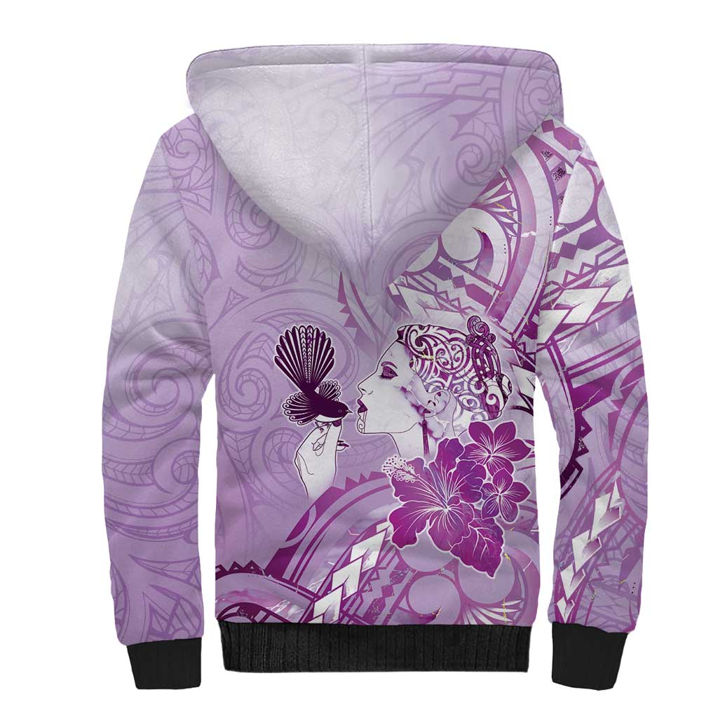 Aotearoa Maori Wahine Sherpa Hoodie Fantail Bird Purple Gold Marble LT05 - Polynesian Pride