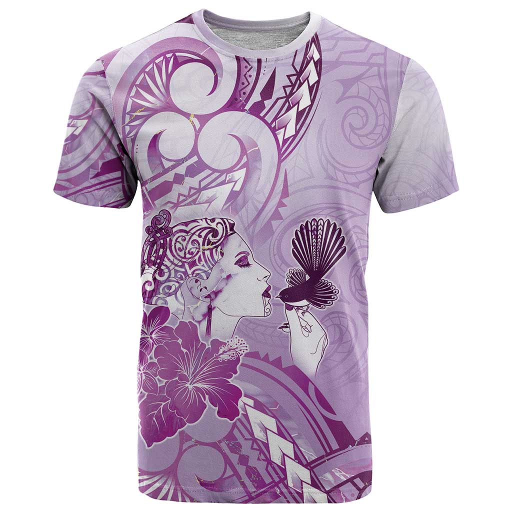 Aotearoa Maori Wahine T Shirt Fantail Bird Purple Gold Marble LT05 Purple - Polynesian Pride