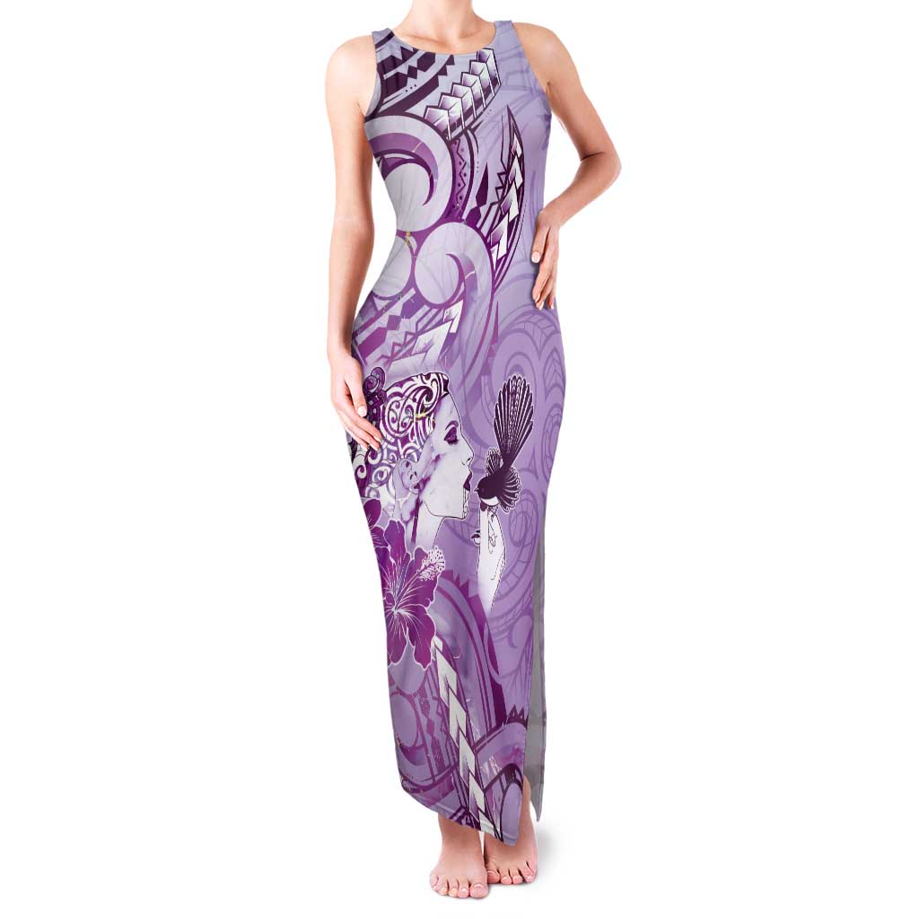 Aotearoa Maori Wahine Tank Maxi Dress Fantail Bird Purple Gold Marble LT05 Women Purple - Polynesian Pride
