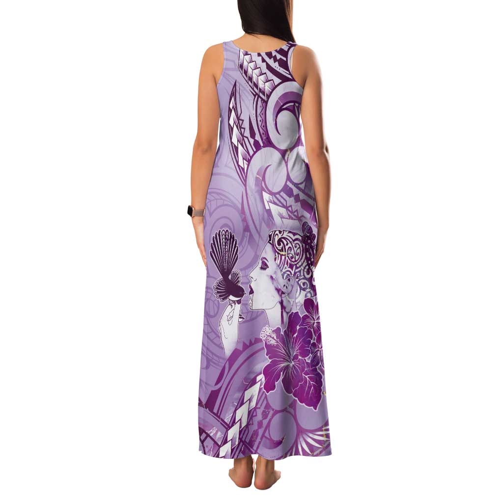 Aotearoa Maori Wahine Tank Maxi Dress Fantail Bird Purple Gold Marble LT05 - Polynesian Pride
