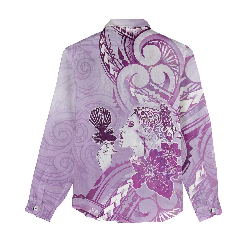 Aotearoa Maori Wahine Women Casual Shirt Fantail Bird Purple Gold Marble LT05 - Polynesian Pride