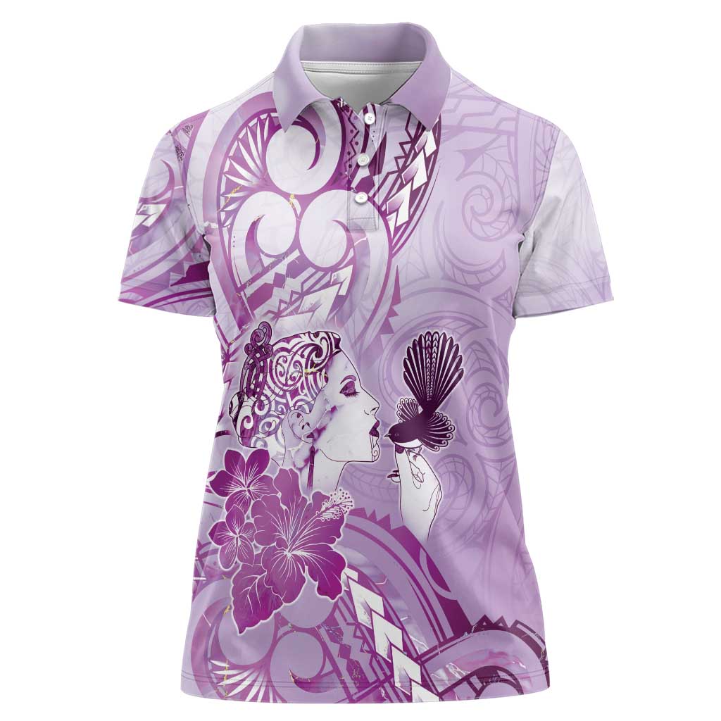 Aotearoa Maori Wahine Women Polo Shirt Fantail Bird Purple Gold Marble LT05 Female Purple - Polynesian Pride