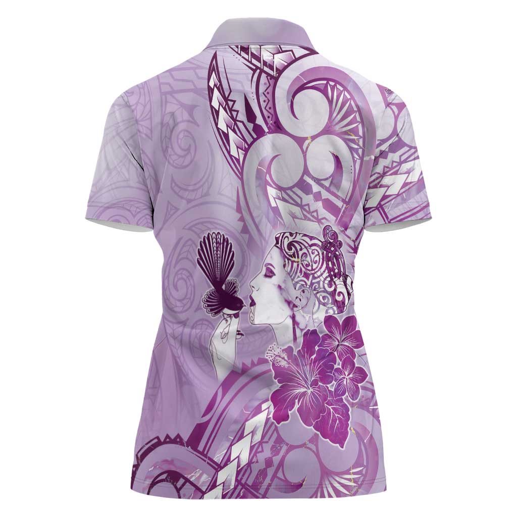 Aotearoa Maori Wahine Women Polo Shirt Fantail Bird Purple Gold Marble LT05 - Polynesian Pride