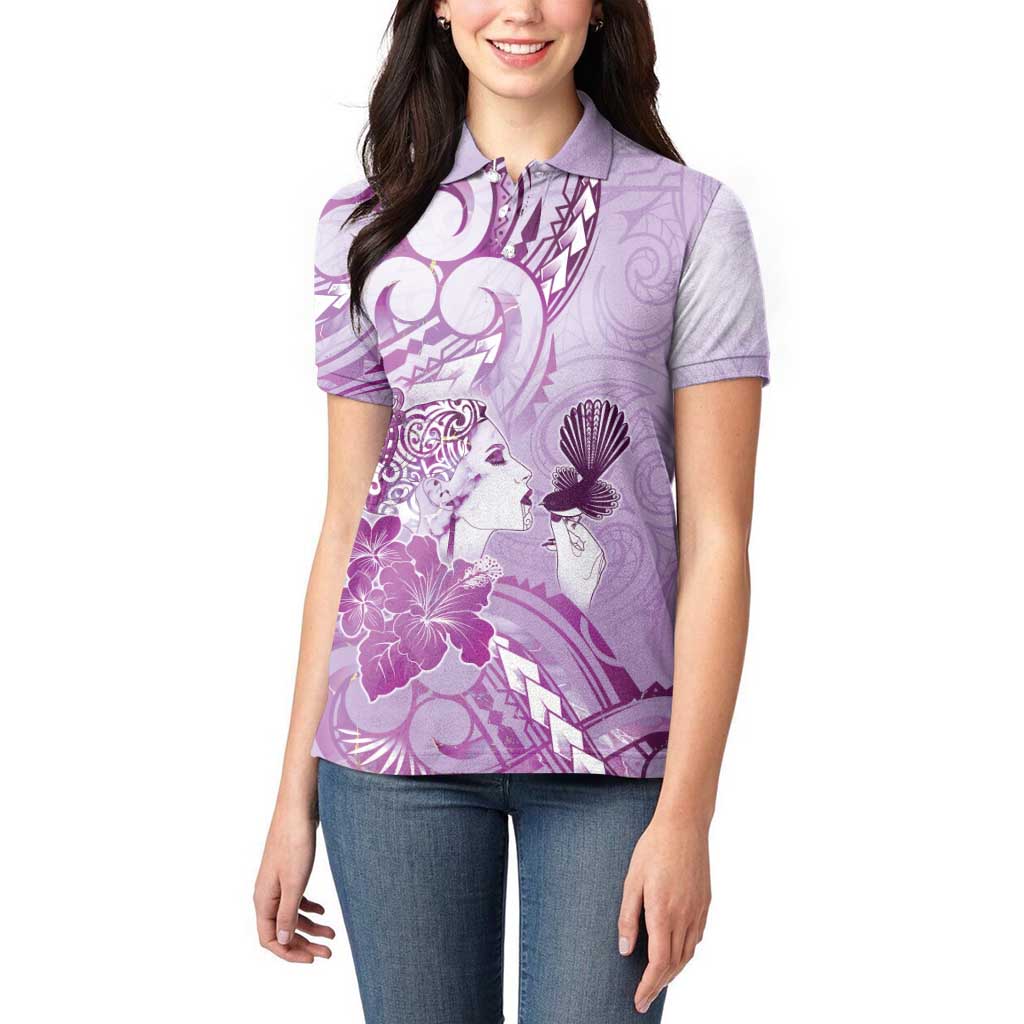 Aotearoa Maori Wahine Women Polo Shirt Fantail Bird Purple Gold Marble LT05 - Polynesian Pride