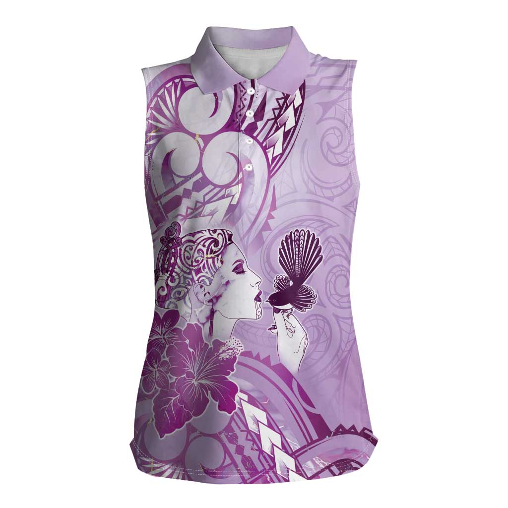 Aotearoa Maori Wahine Women Sleeveless Polo Shirt Fantail Bird Purple Gold Marble LT05 Female Purple - Polynesian Pride