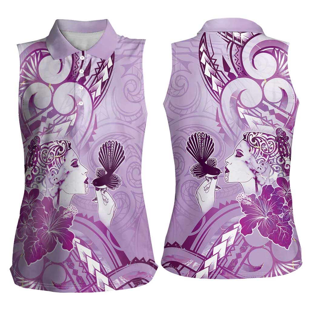 Aotearoa Maori Wahine Women Sleeveless Polo Shirt Fantail Bird Purple Gold Marble LT05 - Polynesian Pride