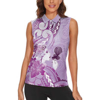 Aotearoa Maori Wahine Women Sleeveless Polo Shirt Fantail Bird Purple Gold Marble LT05 - Polynesian Pride