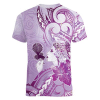 Aotearoa Maori Wahine Women V-Neck T-Shirt Fantail Bird Purple Gold Marble LT05 - Polynesian Pride
